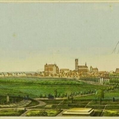 Bild vergr&ouml;&szlig;ern: Blick vom Friedhof auf die Stadt Wismar, Lithografie von Canow um 1842