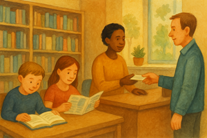 Bild vergr&ouml;&szlig;ern: Lesen und Ausleihen in der Stadt-Bibliothek, © KI-generiert (OpenAI / ChatGPT), symbolische Darstellung